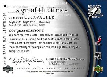 2005-06 SP Authentic - Sign of the Times #VL Vincent Lecavalier Back