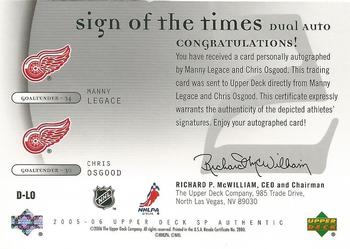 2005-06 SP Authentic - Sign of the Times Duals #D-LO Manny Legace / Chris Osgood Back