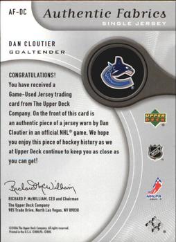 2005-06 SP Game Used - Authentic Fabrics #AF-DC Dan Cloutier Back
