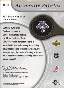 2005-06 SP Game Used - Authentic Fabrics #AF-JB Jay Bouwmeester Back
