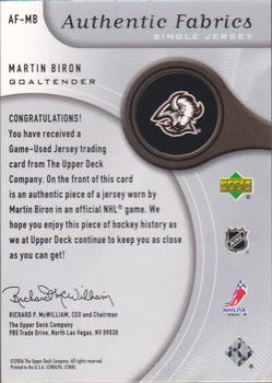 2005-06 SP Game Used - Authentic Fabrics #AF-MB Martin Biron Back
