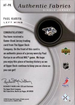 2005-06 SP Game Used - Authentic Fabrics #AF-PK Paul Kariya Back