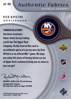 2005-06 SP Game Used - Authentic Fabrics #AF-RD Rick DiPietro Back