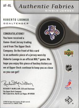 2005-06 SP Game Used - Authentic Fabrics #AF-RL Roberto Luongo Back