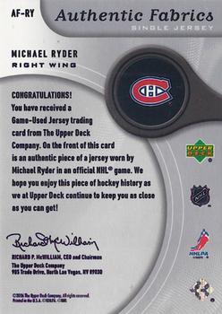 2005-06 SP Game Used - Authentic Fabrics #AF-RY Michael Ryder Back