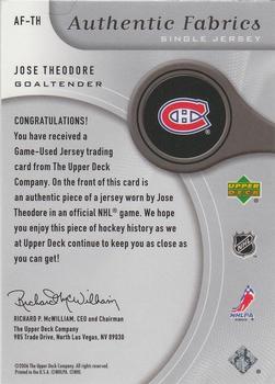 2005-06 SP Game Used - Authentic Fabrics #AF-TH Jose Theodore Back