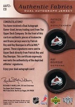 2005-06 SP Game Used - Authentic Fabrics Dual Autographs #AAF2-CO Patrick Roy / Ray Bourque Back