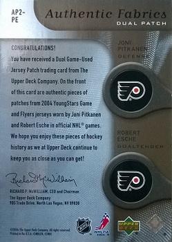 2005-06 SP Game Used - Authentic Patches Dual #AP2-PE Joni Pitkanen / Robert Esche Back