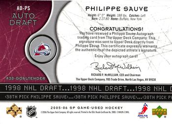 2005-06 SP Game Used - Auto Draft #AD-PS Philippe Sauve Back
