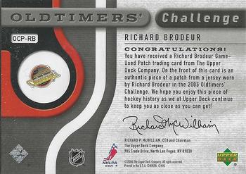 2005-06 SP Game Used - Oldtimer's Challenge Patches #OCP-RB Richard Brodeur Back