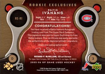 2005-06 SP Game Used - Rookie Exclusives #RE-RI Raitis Ivanans Back