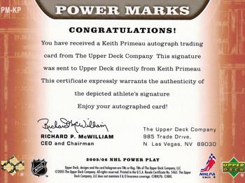 2005-06 Upper Deck Power Play - Power Marks #PM-KP Keith Primeau Back