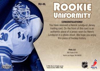 2005-06 Ultra - Rookie Uniformity Jerseys #RU-HL Henrik Lundqvist Back