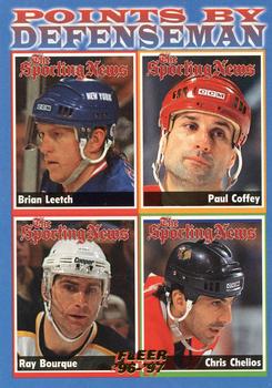 1996-97 Fleer #140 Points by Defenseman (Brian Leetch / Paul Coffey / Ray Bourque / Chris Chelios) Front