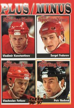 1996-97 Fleer #143 Plus/Minus (Vladimir Konstantinov / Sergei Fedorov / Viacheslav Fetisov / Petr Nedved) Front