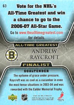 2005-06 Upper Deck - 2005-06 Upper Deck NHL All-Time Greatest Finalist #63 Andrew Raycroft Back