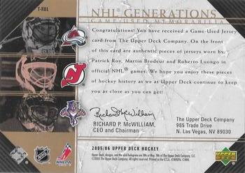 2005-06 Upper Deck - NHL Generations #T-RBL Patrick Roy / Martin Brodeur / Roberto Luongo Back