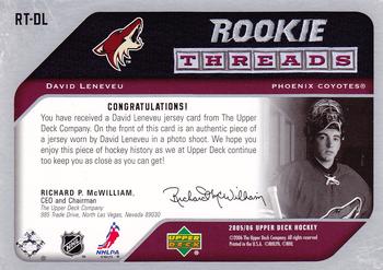 2005-06 Upper Deck - Rookie Threads #RT-DL David Leneveu Back