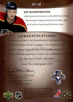 2005-06 Upper Deck Artifacts - Auto Facts #AF-JB Jay Bouwmeester Back