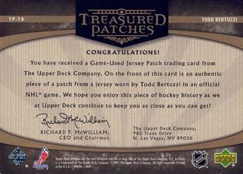 2005-06 Upper Deck Artifacts - Treasured Patches #TP-TB Todd Bertuzzi Back