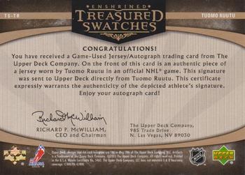 2005-06 Upper Deck Artifacts - Treasured Swatches Autographs #TS-TR Tuomo Ruutu Back