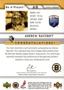 2005-06 Upper Deck Be a Player - Signatures #AR Andrew Raycroft Back
