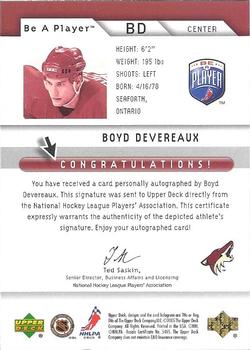 2005-06 Upper Deck Be a Player - Signatures #BD Boyd Devereaux Back