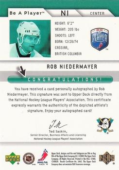 2005-06 Upper Deck Be a Player - Signatures #NI Rob Niedermayer Back
