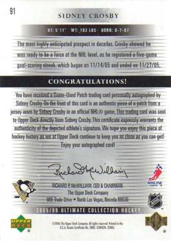 2005-06 Upper Deck Ultimate Collection - Autographed Patches #91 Sidney Crosby Back