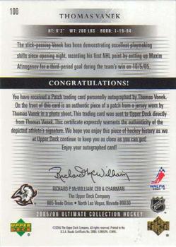 2005-06 Upper Deck Ultimate Collection - Autographed Patches #100 Thomas Vanek Back