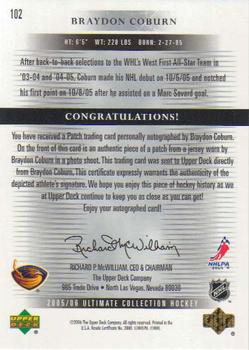 2005-06 Upper Deck Ultimate Collection - Autographed Patches #102 Braydon Coburn Back