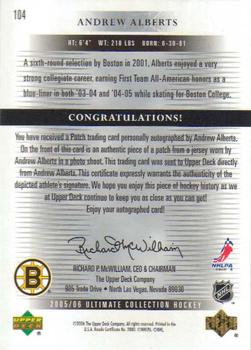 2005-06 Upper Deck Ultimate Collection - Autographed Patches #104 Andrew Alberts Back