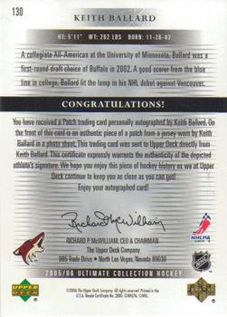 2005-06 Upper Deck Ultimate Collection - Autographed Patches #130 Keith Ballard Back