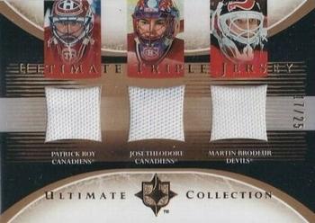 2005-06 Upper Deck Ultimate Collection - Jerseys Triple #TJ-RTB Patrick Roy / Jose Theodore / Martin Brodeur Front