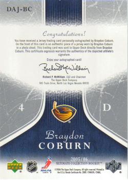 2005-06 Upper Deck Ultimate Collection - Ultimate Debut Threads Jerseys Autographs #DAJ-BC Braydon Coburn Back