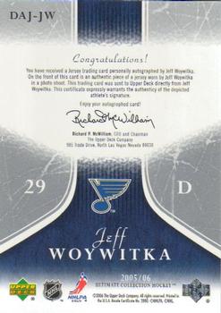 2005-06 Upper Deck Ultimate Collection - Ultimate Debut Threads Jerseys Autographs #DAJ-JW Jeff Woywitka Back