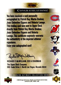 2005-06 Upper Deck Ultimate Collection - Ultimate Signatures Foursomes #UF-RBGL Patrick Roy / Martin Brodeur / Jean-Sebastien Giguere / Roberto Luongo Back