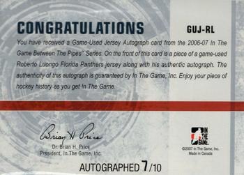 2006-07 In The Game Between The Pipes - Game Used Jersey Autograph #GUJ-10 Roberto Luongo  Back