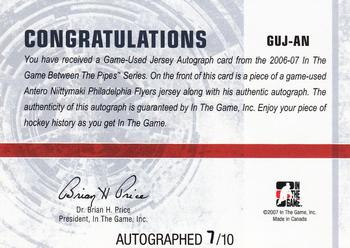 2006-07 In The Game Between The Pipes - Game Used Jersey Autograph #GUJ-11 Antero Niittymaki  Back