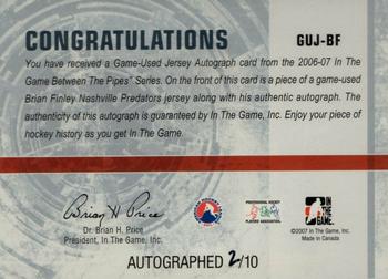 2006-07 In The Game Between The Pipes - Game Used Jersey Autograph #GUJ-27 Brian Finley  Back