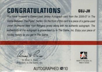 2006-07 In The Game Between The Pipes - Game Used Jersey Autograph #GUJ-29 Johan Holmqvist  Back