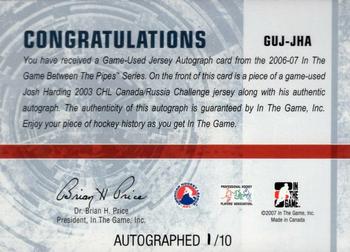 2006-07 In The Game Between The Pipes - Game Used Jersey Autograph #GUJ-37 Josh Harding  Back