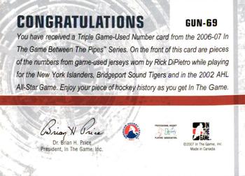 2006-07 In The Game Between The Pipes - Game Used Number #GUN-69 Rick DiPietro  Back