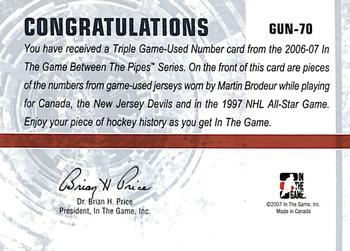 2006-07 In The Game Between The Pipes - Game Used Number #GUN-70 Martin Brodeur  Back