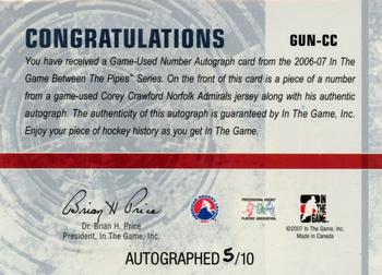 2006-07 In The Game Between The Pipes - Game Used Number Autograph #GUN-CC Corey Crawford  Back