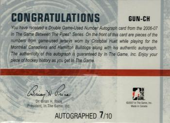 2006-07 In The Game Between The Pipes - Game Used Number Autograph #GUN-CH Cristobal Huet  Back