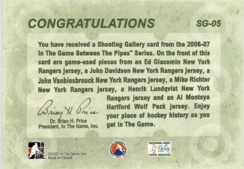 2006-07 In The Game Between The Pipes - Shooting Gallery #SG-05 Ed Giacomin / John Davidson / John Vanbiesbrouck / Mike Richter / Henrik Lundqvist / Al Montoya Back