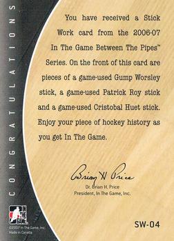 2006-07 In The Game Between The Pipes - Stick Work #SW-04 Gump Worsley / Patrick Roy / Cristobal Huet  Back