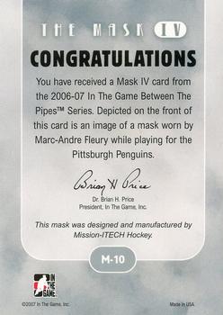 2006-07 In The Game Between The Pipes - The Mask IV Gold #M-10 Marc-Andre Fleury  Back