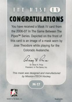 2006-07 In The Game Between The Pipes - The Mask IV Gold #M-17 Jose Theodore  Back
